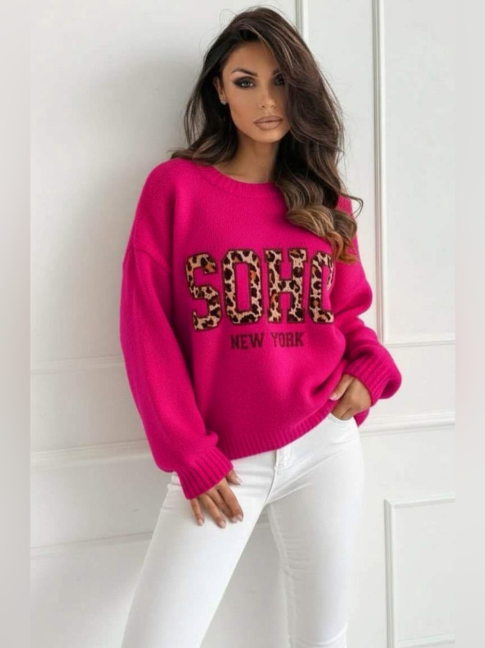 Soho New York Women's Hot Pink Leopard-Accent Sweater